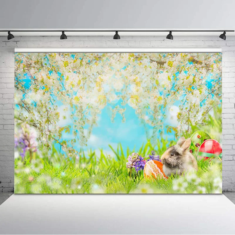 

Фон для фотосъемки с изображением пасхальных яиц, кроликов, белых цветов