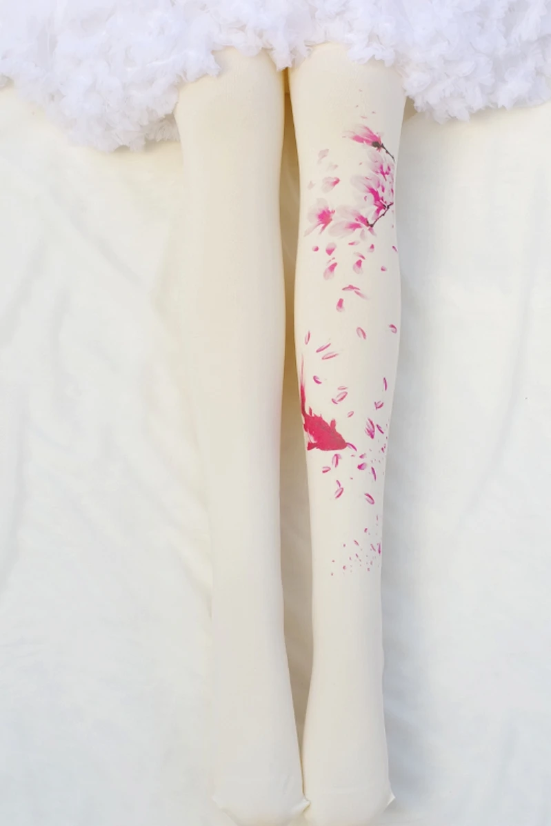 

Mori Girl Line GIRL'S Patyhose And Wind Chinese Style Peach Flower RED Fish Printed Lolita Students Loli Stockings