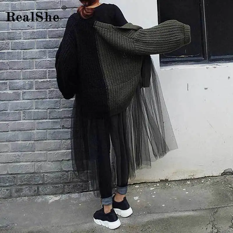 RealShe Long Cardigan Women Full Sleeve Patchwork Mesh Sweters for Winter Spring Casual Cashmere Sweater |