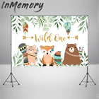 Лесной фон для фотосъемки на заказ с зелеными листьями Животные для малышей и детей постарше День рождения фон и надписью Wild One фон для фотосъемки с фотозонт