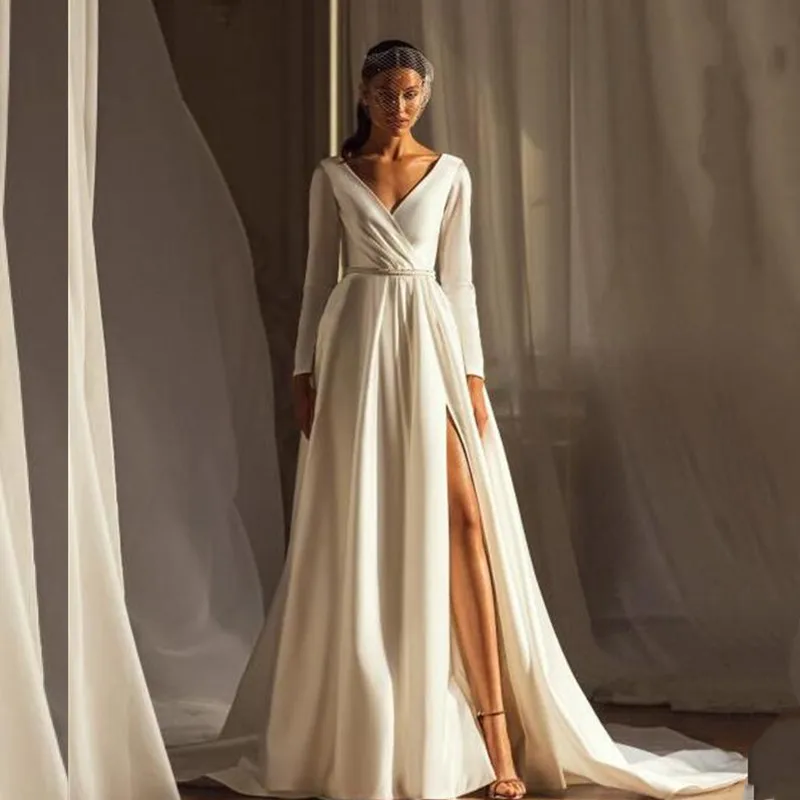 

High Slit Long Sleeves Wedding Dress 2021 V-Neck A-Line Satin Sweep Train Vintage Hot Sale Bride Gown For Women With Sashes