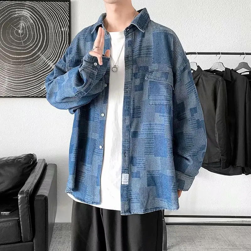 Japanese Streetwear Plaid Long-Sleeved Men's Shirt Korean Style Oversized Casual All-Match Overalls Jacket Gothic Punk Clothes