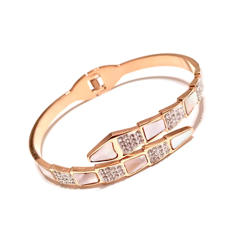 

Titanium steel rose gold natural shell snake Bangle female European and American white pearl bracelet snake jewelry