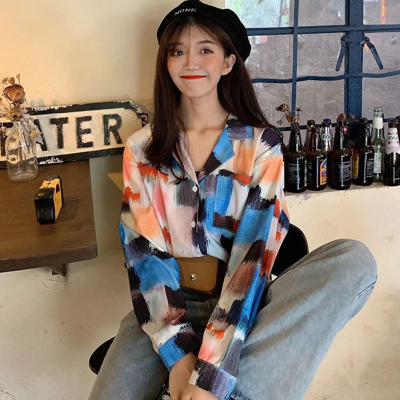 

Retro Korean Chic Painting Color Printed Shirts Loose-Fit Laziness Long Sleeve Shirt Casual Ladies Tops Women's Blouses Blusas