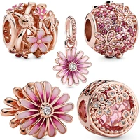 new rose gold pink daisy charm fit pan bracelet zircon beads 925 sterling silver woman luxury jewelry pendant gift making