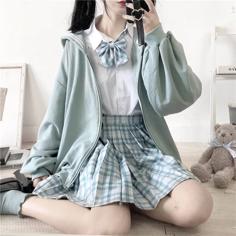 Lake Blue green Зима Kawaii милые девушки негабаритных балахон мягкая сестра матросский воротник толстовка женская японская верхняя одежда на молнии пальто черный синий - Цвет: Lake Blue green