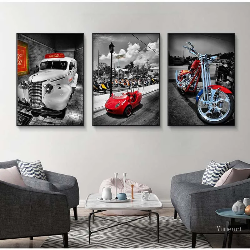 Современный мотоцикл и красный белый автомобиль пейзаж холст постер с пейзажом