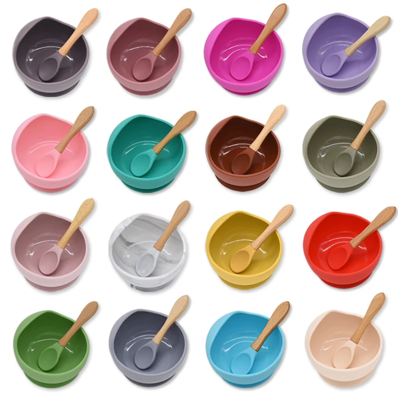 

Silicone Baby Feeding Bowl Wood Spoon Set Baby Dinner Plate Suction Bowl Non-Slip Baby Eating Set Tableware Dinnerware BPA FREE
