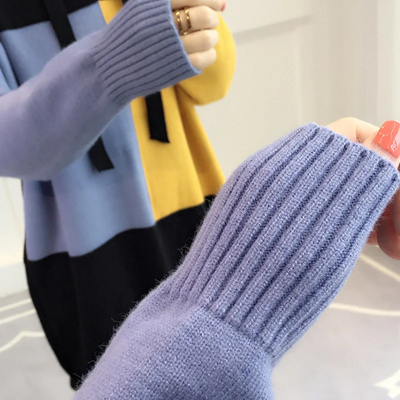 

Patchwork Autumn Spring Long Sweater for Woman 2021 Knitted Korean Style Pullovers o Neck Slim Casual Female Jumpers Ladies Tops