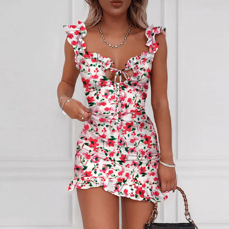 Женское летнее платье с V образным вырезом и оборками|Женские платья| |