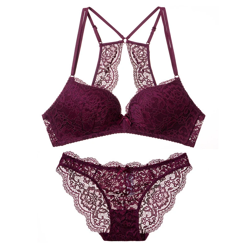 

Women's French Sexy Lace Bra Set Beautiful Back No Steel Ring Bra Deep V Gathering Comfortable Breathable Bra Set WT062