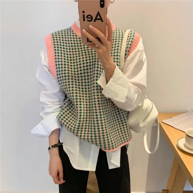 

2021 Y2K New Autumn Winter Women Sweaters Sleeveless Oversized Vintage Vest Checkered Waistcoat Lady Tops