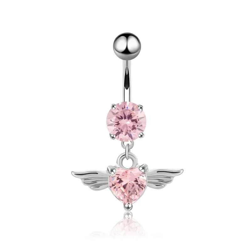 

Angel Wings Feather Zircon Navel Ring Heart-Shaped Belly Button Barbell Crystal Body Jewelry Dangling Piercing Ring for Woman