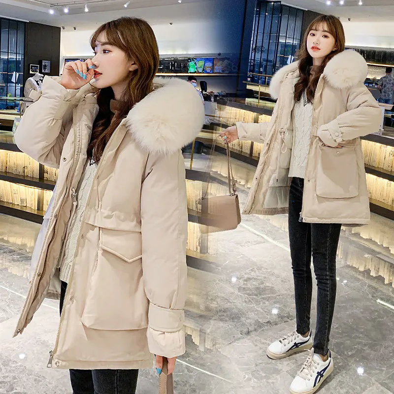 Зима 2020 большой меховой воротник оснастка карман ватник пальто свободный плюс