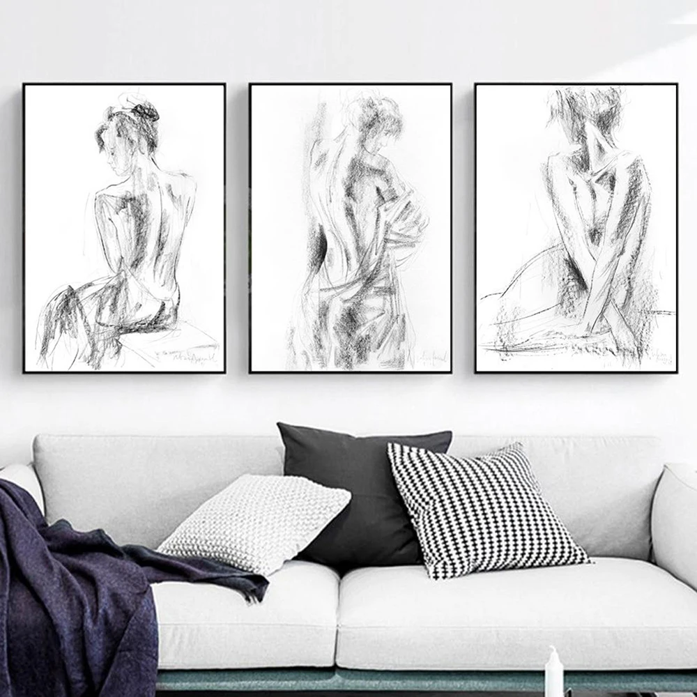

Abstract Sexy Female Art Canvas Painting Black White Nude Sketch Woman Posters Hd Print Bedroom Wall Picture Home Decoration