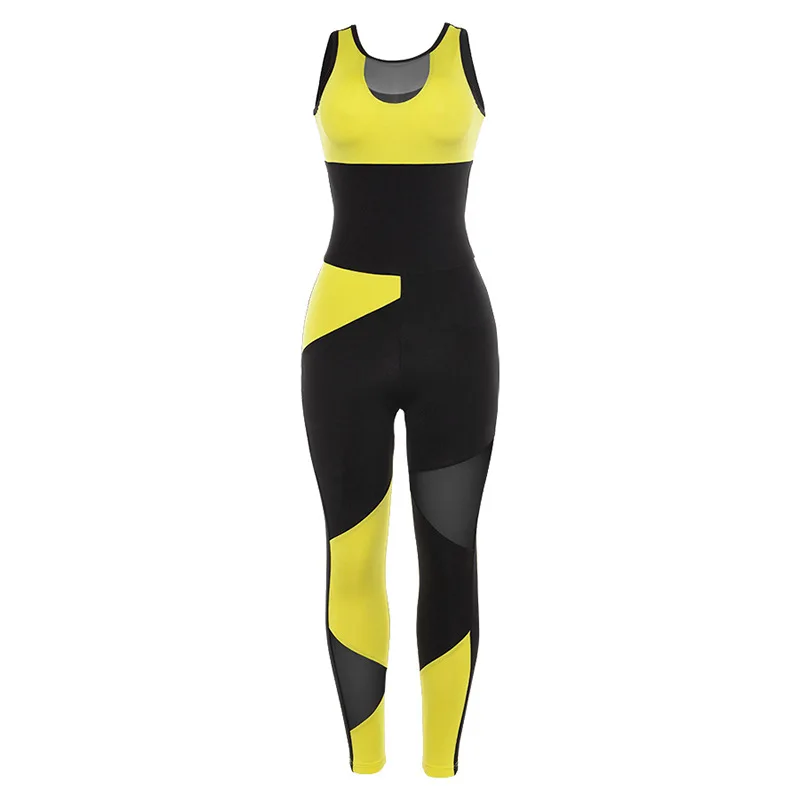 

CAIDA Sports Wear Backless One Piece Gym Set Mesh Yellow Workout Jumpsuit Active Wear Sportswear For Women Fitness Clothes