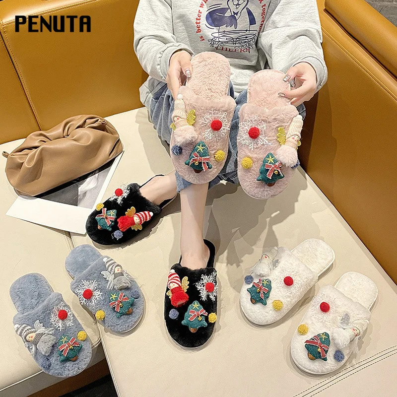 

2021 Women Home Slippers Winter Warm Ladies Furry House Shoes Christmas Female Indoor Slipper Bedroom Flat Slides Footwear M009P