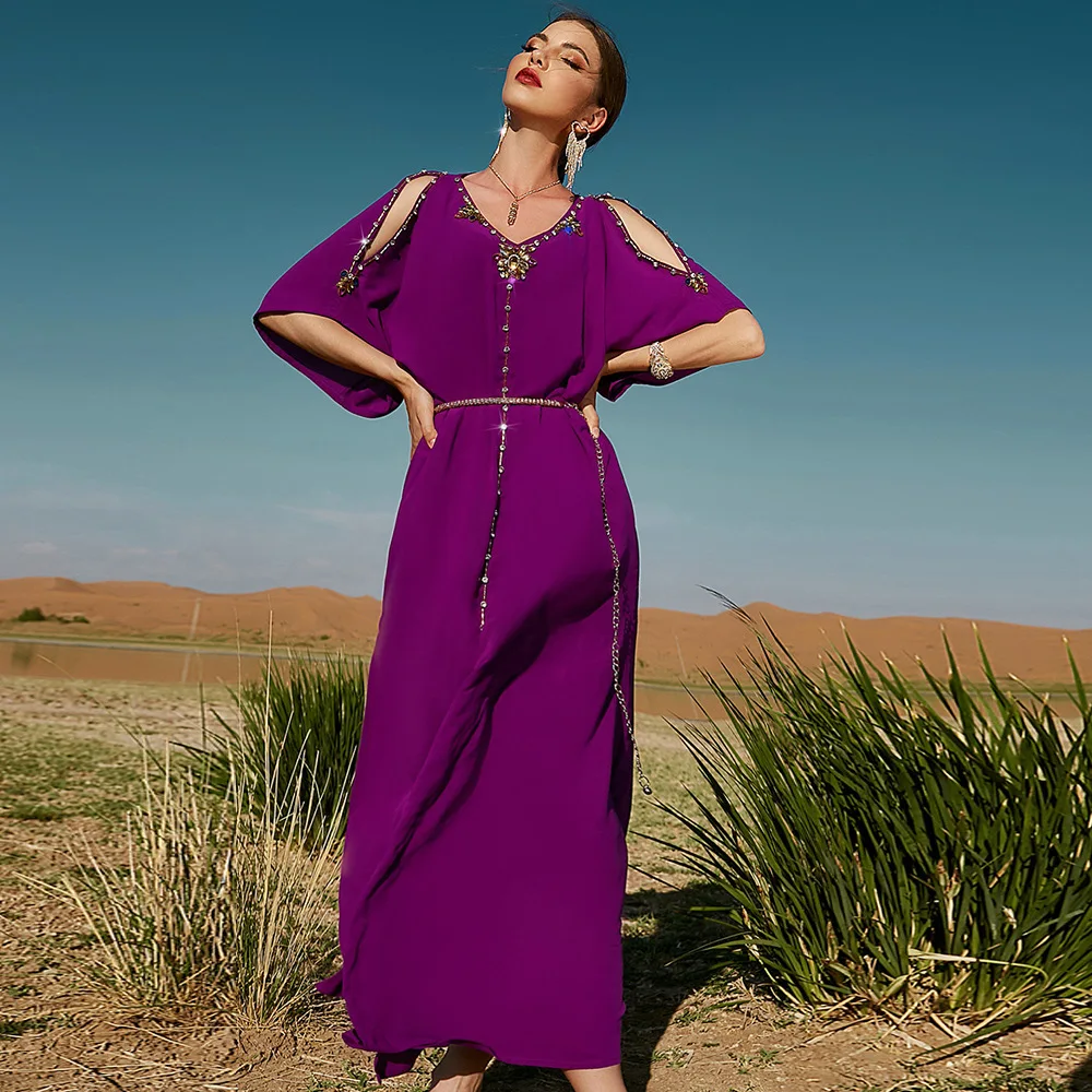Eid Mubarak Off The Shoulder Abaya Dubai Evening Dresses Turkey Arabic Muslim Dress Islam Abayas for Women Kaftan Robe Longue