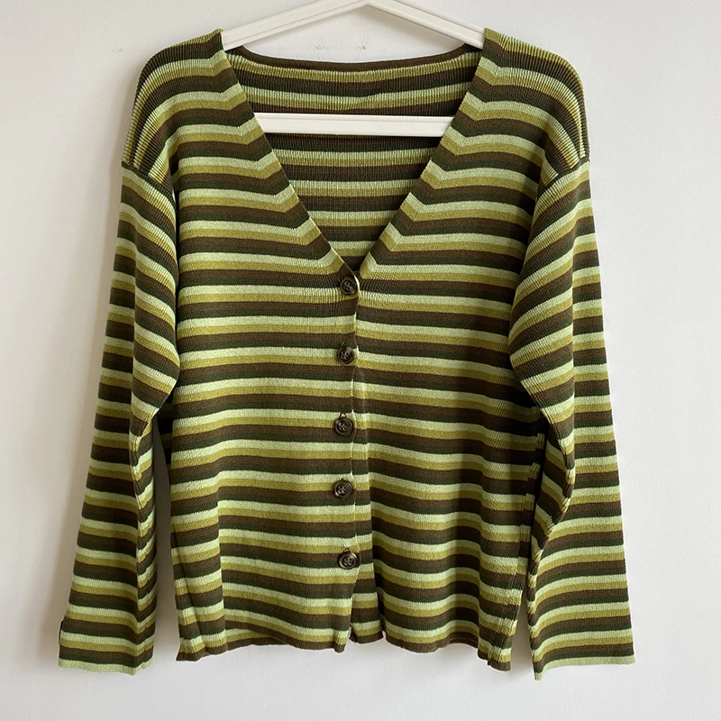 Женский полосатый кардиган оверсайз повседневный вязаный жакет в стиле пэчворк