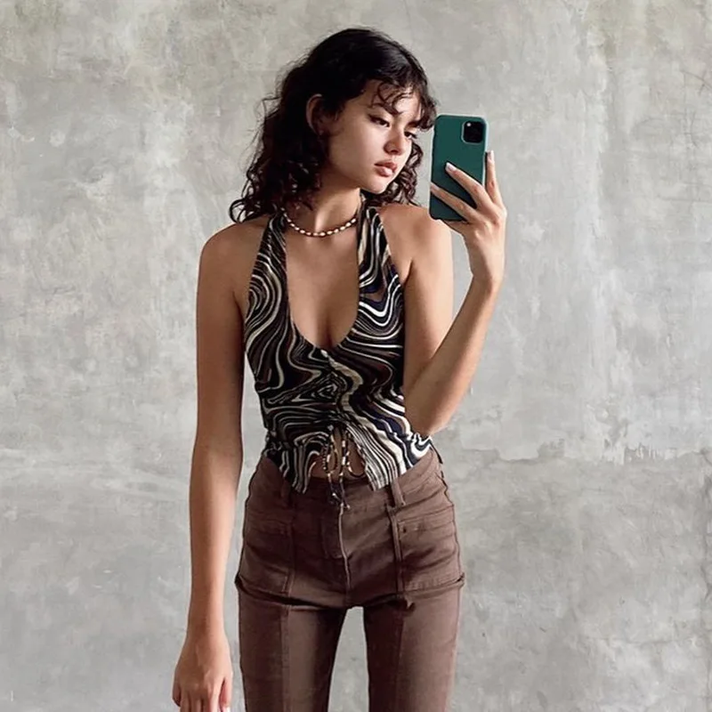 

Summer Whirlpool Halter Top Fahsion Sexy Backless Drawstring Tank Top Women Casual Bangdage Sleeveless Bustier Top Women 2021