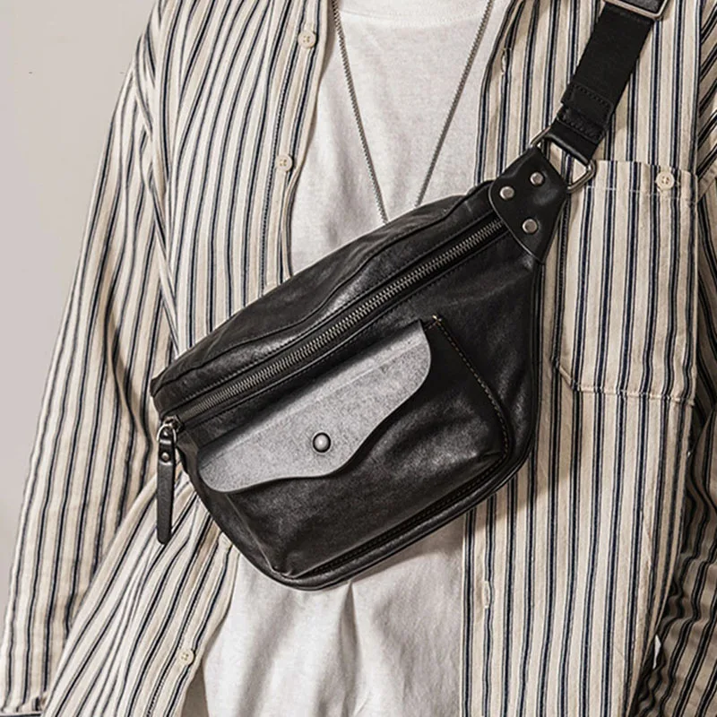 AETOO Genuine leather men's chest bag, casual top layer leather messenger bag, trendy men's shoulder bag