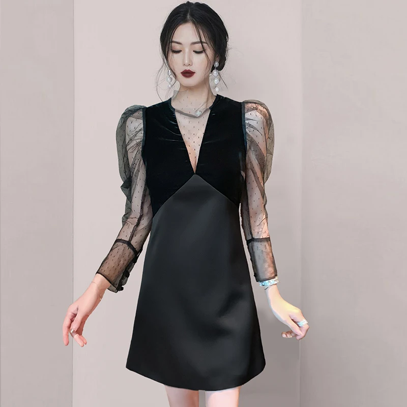 

JSXDHK 2021 New Runway Summer A Line Dress Elegant Women Mesh Patchwork Puff Sleeve Ladies See Through Black Stand Collar Dress