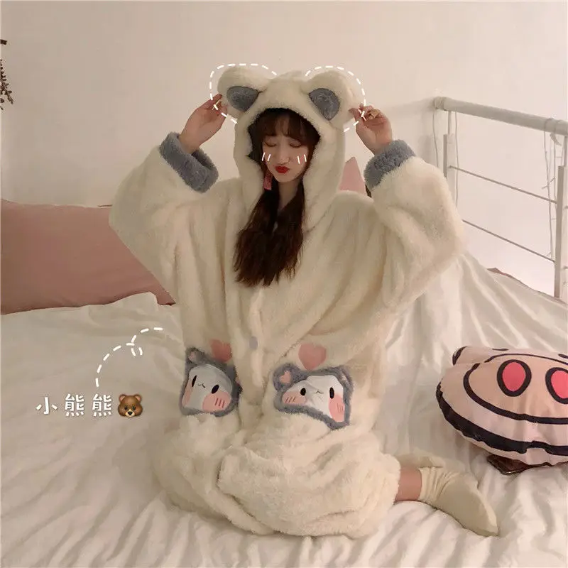 Autumn and Winter Thick and Warm Cute Mid-length Plush Nightgown Female Korean Sweet Bear Home Service Suit Outer Wear