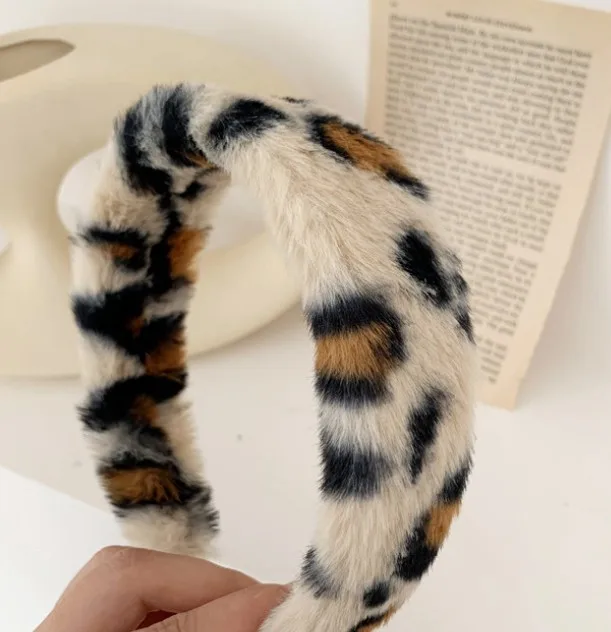 

Retro Personality Leopard Headband Sweet Versatile Imitation Rabbit Hair Hoop Wide Side Hairpin Hairpin Hair Accessories