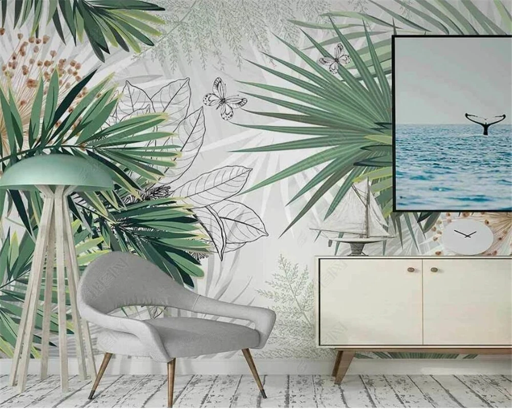 Фотообои на заказ с ручной росписью в скандинавском стиле тропические растения