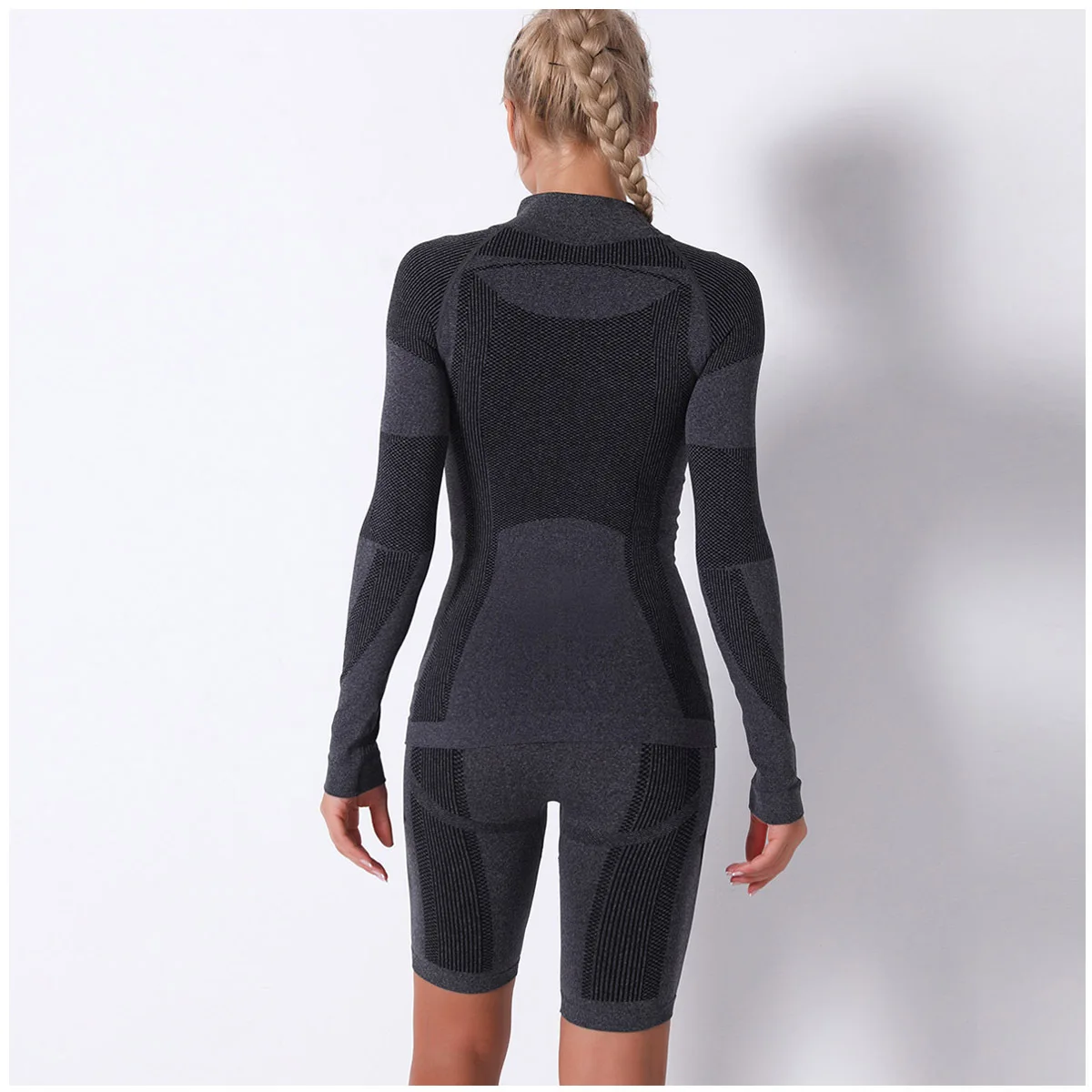 

New seamless knitted sexy striped breathable long-sleeved shorts suit yoga wear sports fitness pants