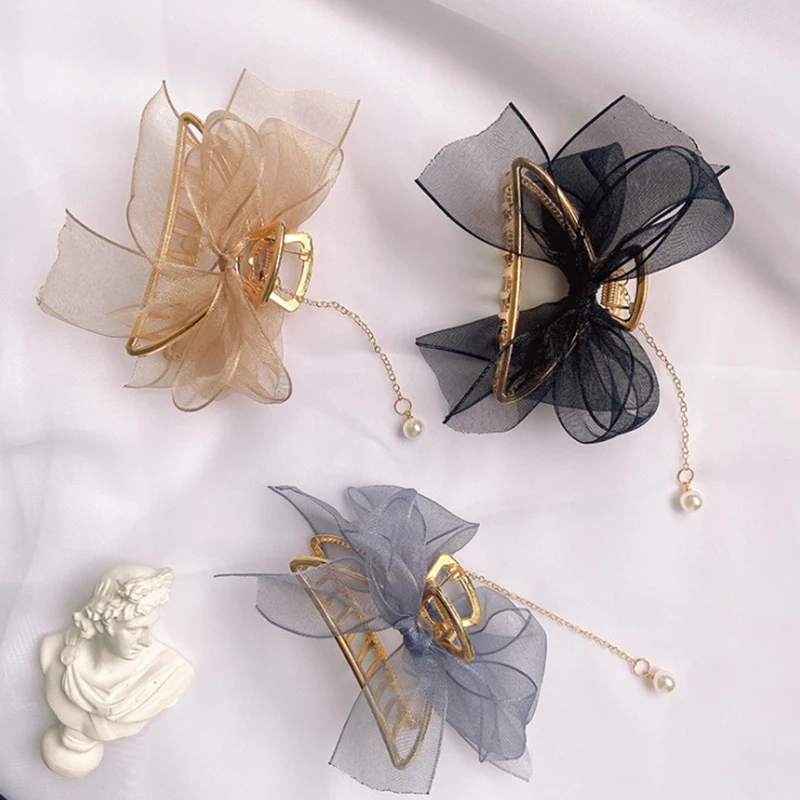 Элегантная сетчатая пряжа с бантом зажим для волос милая розетка Акула заколки