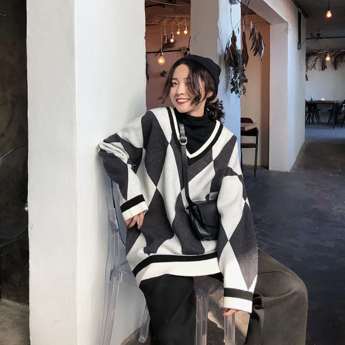 

Пуловер женский с V-образным вырезом, плотный свитер во французском стиле, свободная верхняя одежда, норковый свитер, Осень-зима