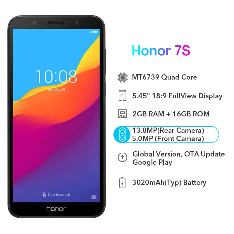 Глобальная версия Honor 7S смартфон 2G 16G MT6739 четырехъядерный 13 Мп задняя камера 5 45