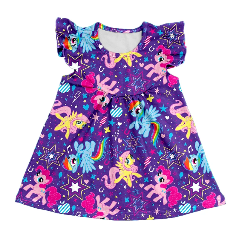 

2020 New Children Girls Summer Dress Baby Boutique Dress Cartoon Print Pattern Girls Dress Kids Clothes Girls Purple Dress