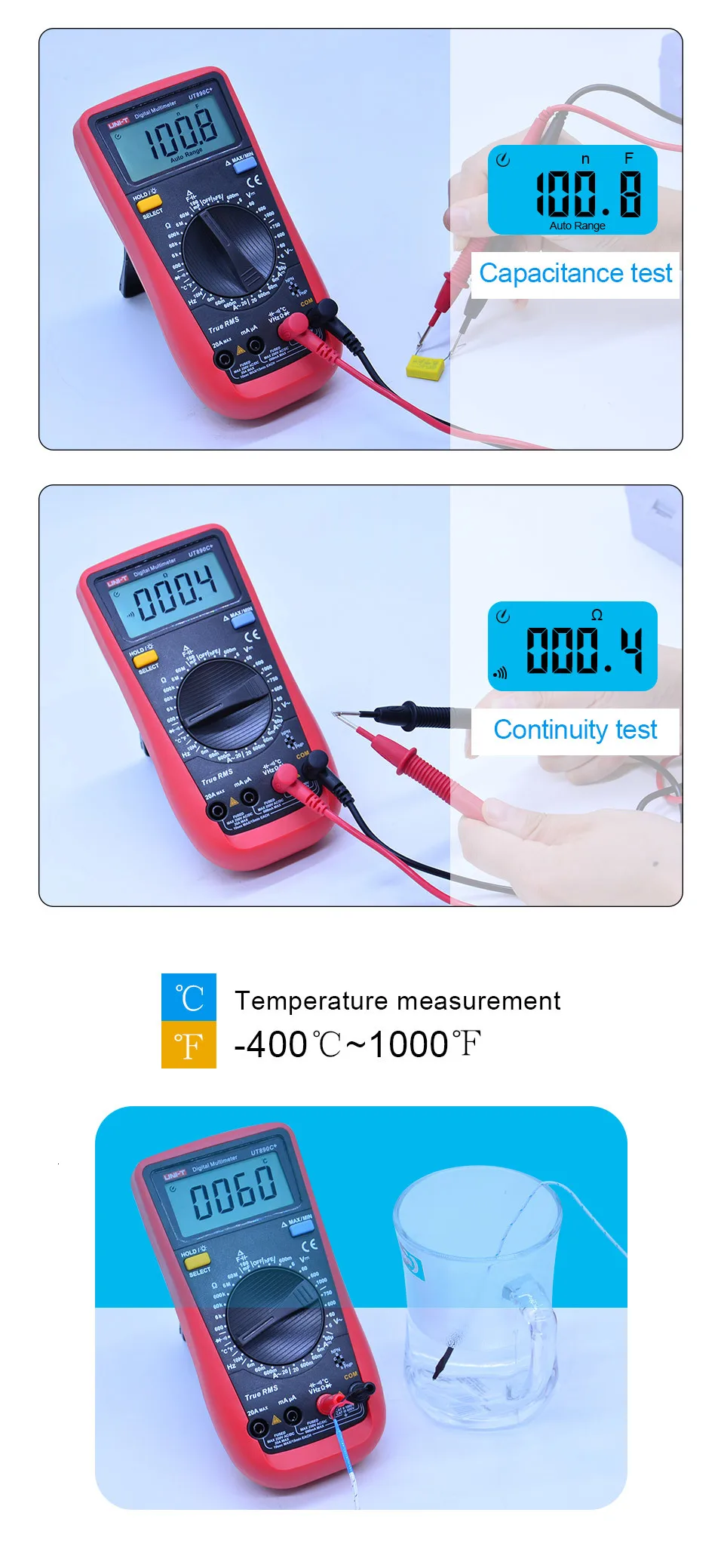 UNI-T UT890C+/UT890D цифровой мультиметр тестер True RMS AC DC Вольтметр 100mF емкость измеритель температуры электрик инструмент