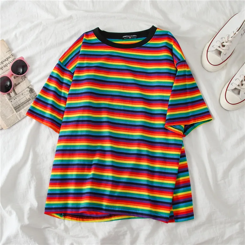 Sweet Rainbow Stripe Women Summer T-Shirt Minimalist Short Sleeve clothes Vogue Tops tee shirt couple tshirt top | Женская одежда