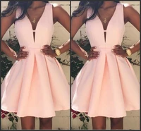 simple short pink satin cocktail party dresses a line 2021 above knee mini cheap homecoming dress deep v neck prom wear