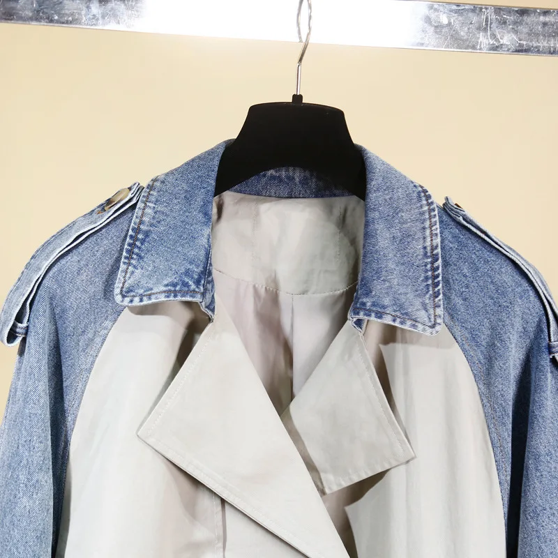 

2021 Autumn and Winter Women's Patchwork Denim Ladies New Long Sleeve Windbreaker Loose Plus Size Lapel Windbreaker Denim Jacket