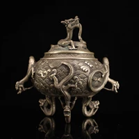 7chinese folk collection old bronze gilt silver dragon statue binaural three legged incense burner office ornaments town house