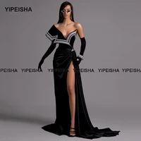 yipeisha asymmetric velour prom dress pearls high slit pageant dress mermaid black velvet evening gown robe de soiree