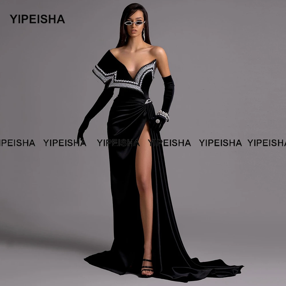 Асимметричное велюровое платье Yipeisha бальное с высоким разрезом жемчугом черное