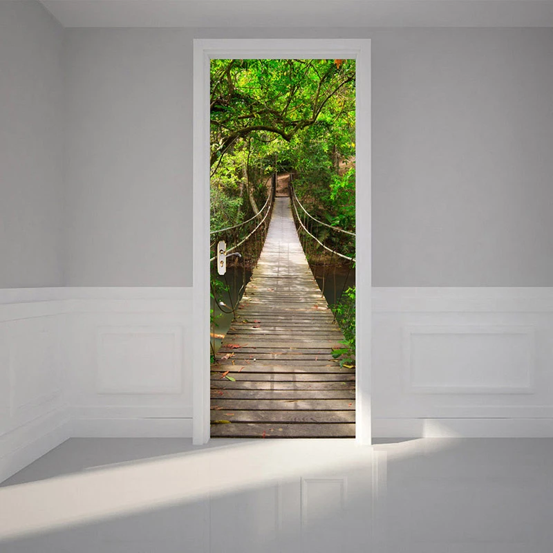 3D дверь стикер настенная бумага для спальни деревянная подвеска мост большие