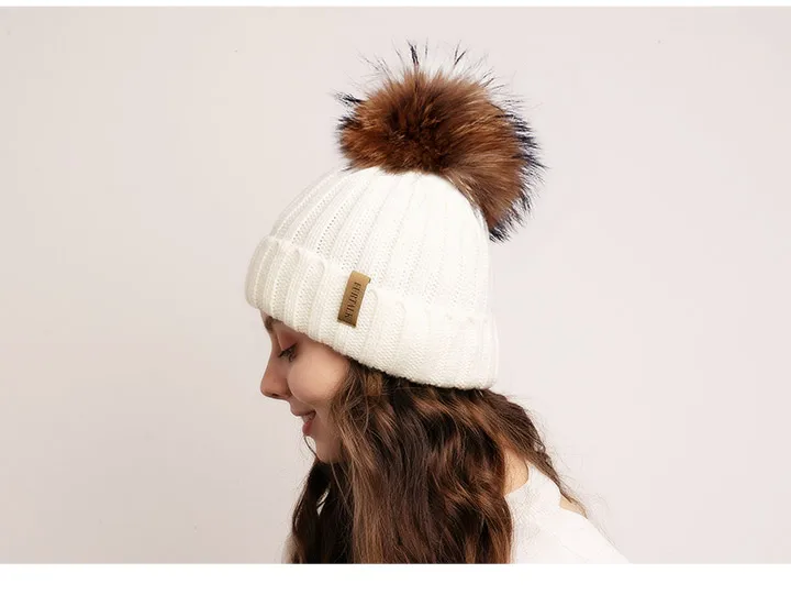 Furtalk Реального Меховая Шапка Вязаная Реальный Большой Енота Pom Pom Hat женщины Зимняя Шапка Унисекс ДетиТеплый Коренастый Толстая Эластичный вязать