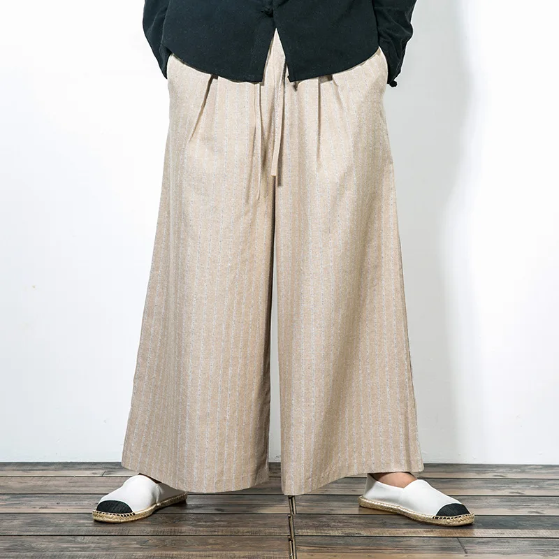 

Men Khaki Plus Size Cotton Linen 9-points Pants 2020 Autumn Mens Joggers Pants Streetwear Hip Hop Wide Leg Casual Loose Trousers