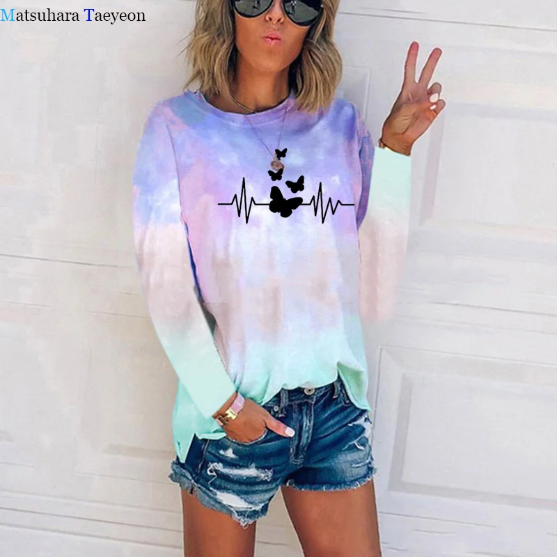 

Autumn T Shirt Women 3d Butterfly Printing T-shirt Casual Harajuku O-neck Tshirt Funny Tie Dye Long Sleeve Femme T-shirts Top