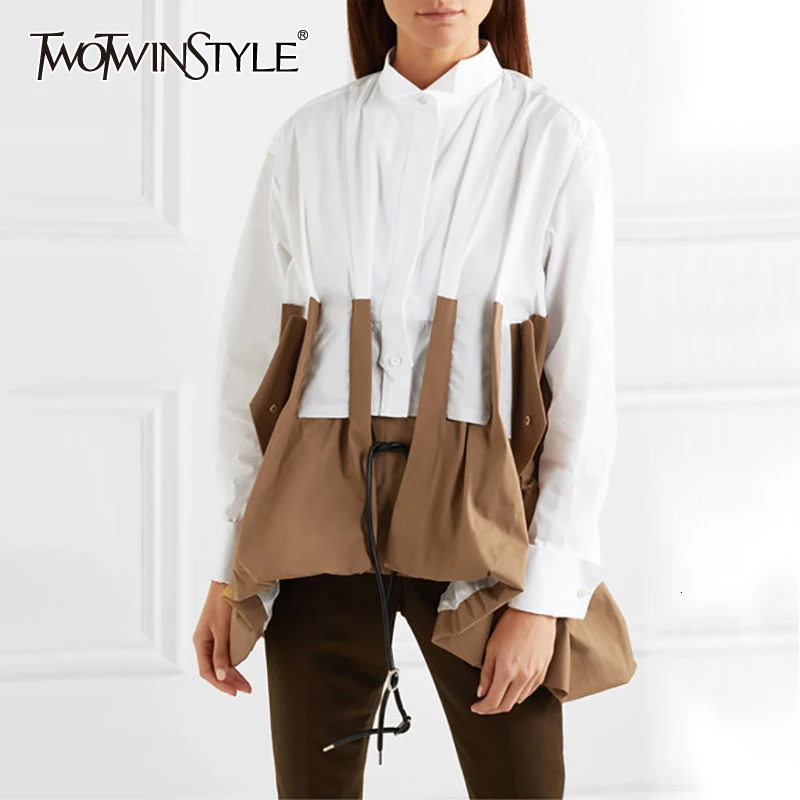 TWOTWINSTYLE Лоскутные Популярные Цветные блузки женские рубашки со стоячим