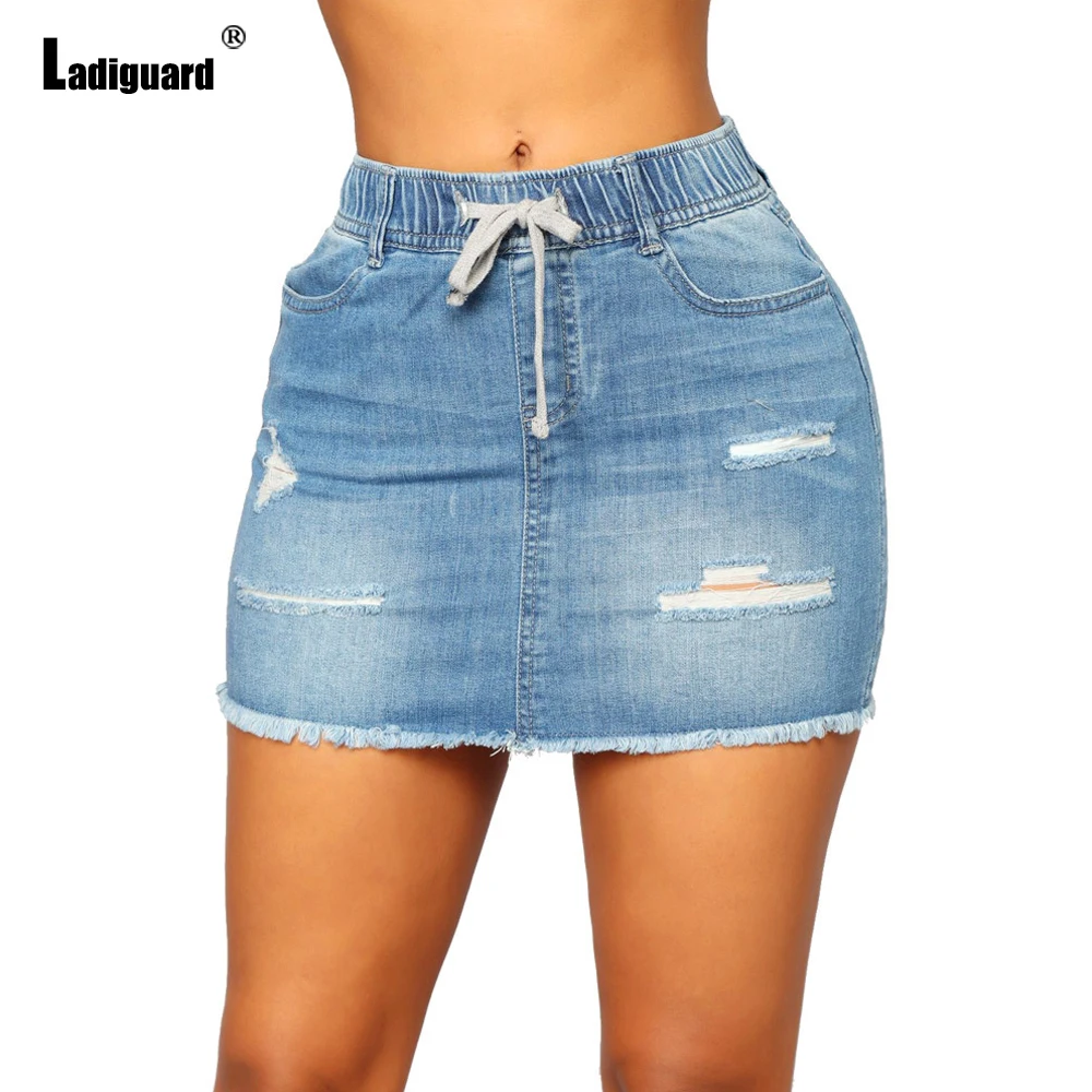 

Sexy Denim Skirt Women Casual Drawstring Short Skirts Ladies Slim Fit Clubwear Fashion Hole Ripped Skirts Womens Streetwear