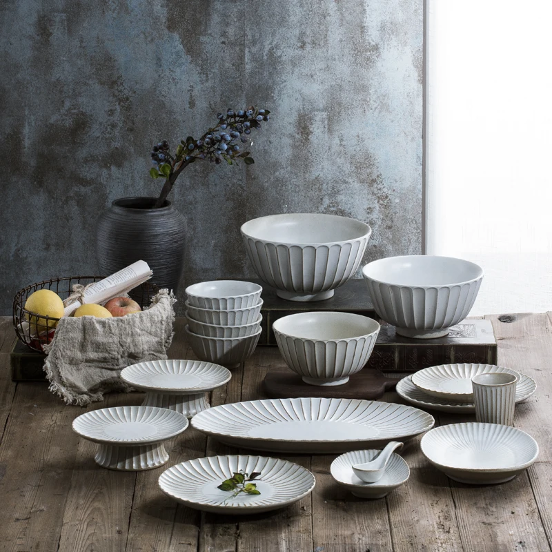 

Solid Color Plate Set Japanese Style Simple Porcelain Dinner Sets Soup Bowl Tableware Talerze Obiadowe Zestaw Cutlery Set DJ60PS
