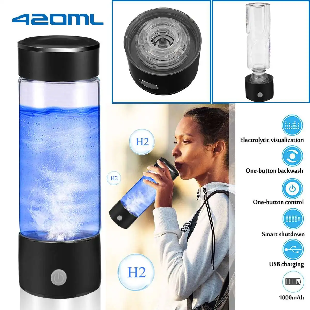 

Rechargeable Hydrogen-Rich Water Cup Ionizer 420ML 3Mins Alkaline Maker Generator Super Antioxidants ORP Hydrogen Bottle