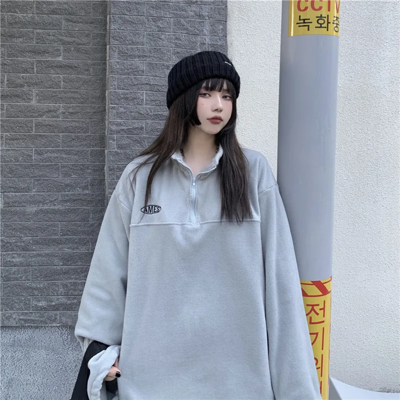 

Women's Winter Jacket Stand Collar Half Zipper Sweater Tide Brand Ins Retro Streetwear Polar Fleece Thickened Sweatshirt